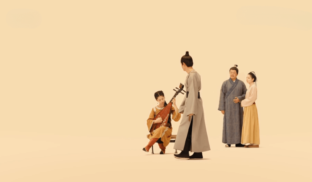 Street scene from the Tang Dynasty showing musicians and passersby in traditional attire against a minimalist background.