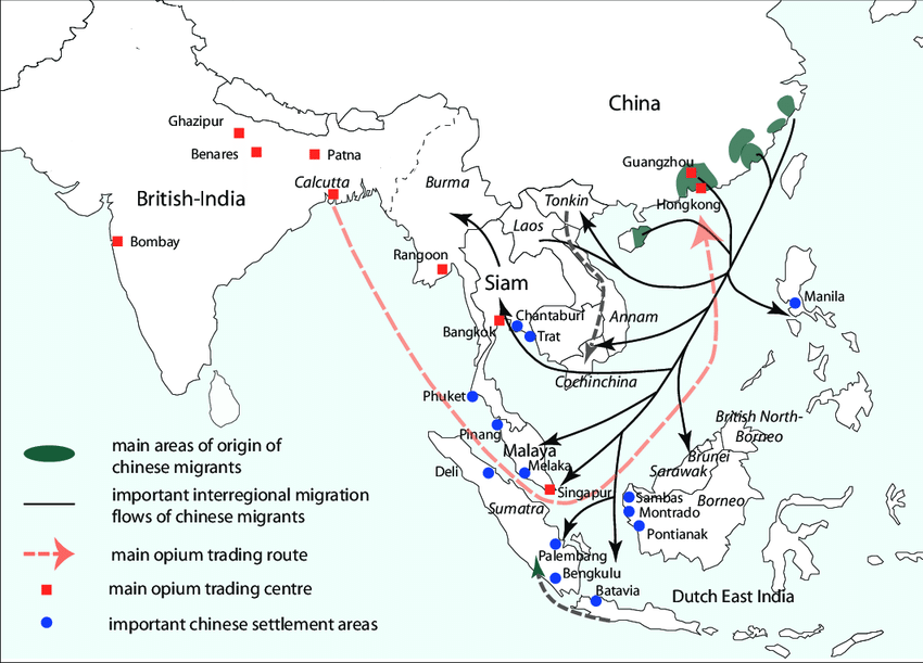 Map showing wuyi migration journey routes and settlement areas in Southeast Asia.