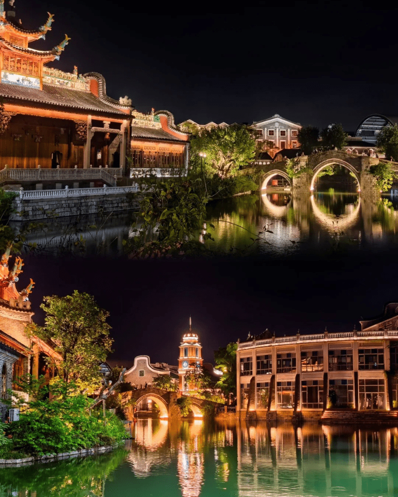 Night view of Chikan Historical Town in Guangdong, China, featuring illuminated traditional and colonial architecture reflected in the water.