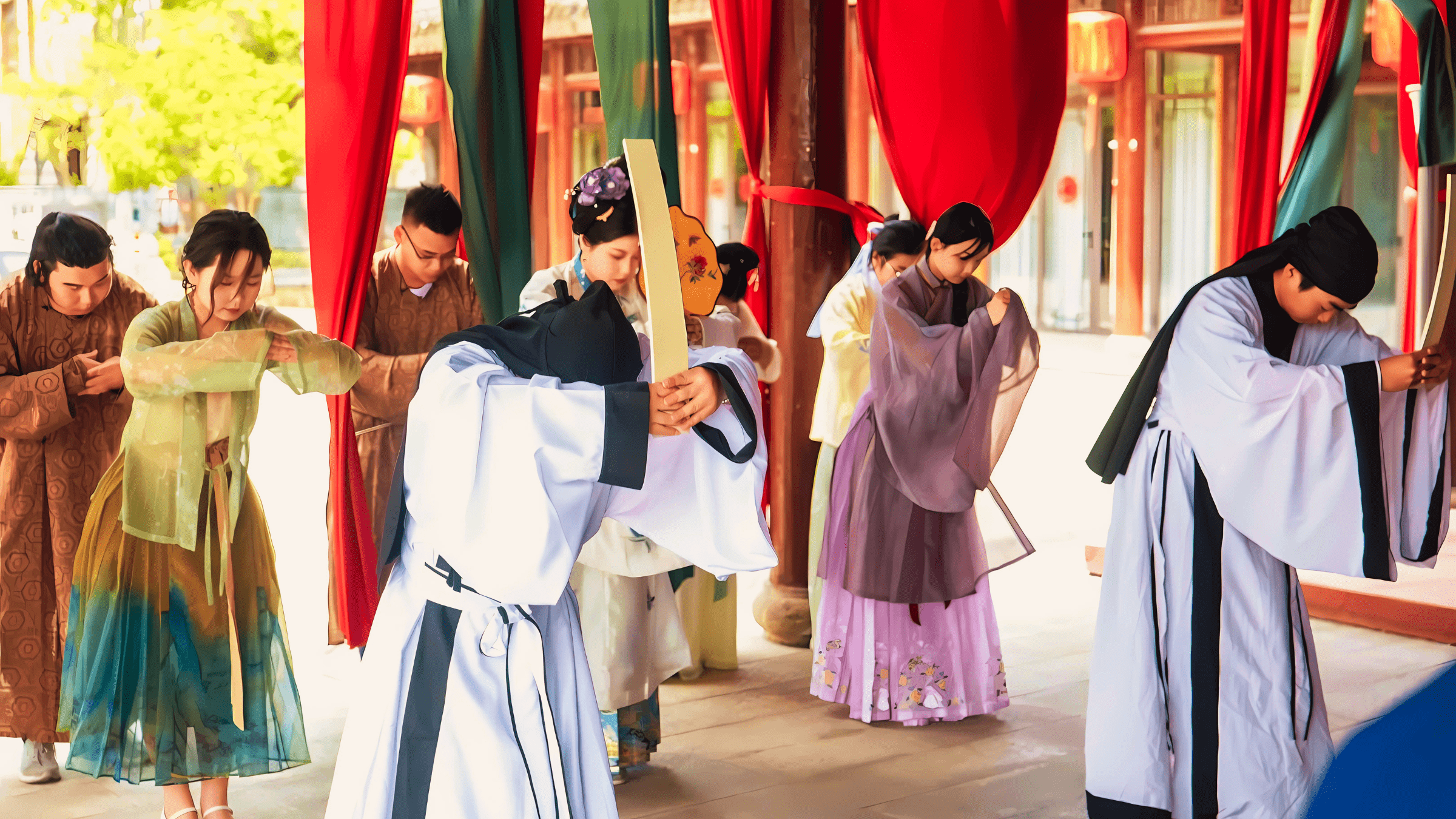 Group performing traditional ancestor worship ceremony as part of modern practices in a Chinese temple setting.