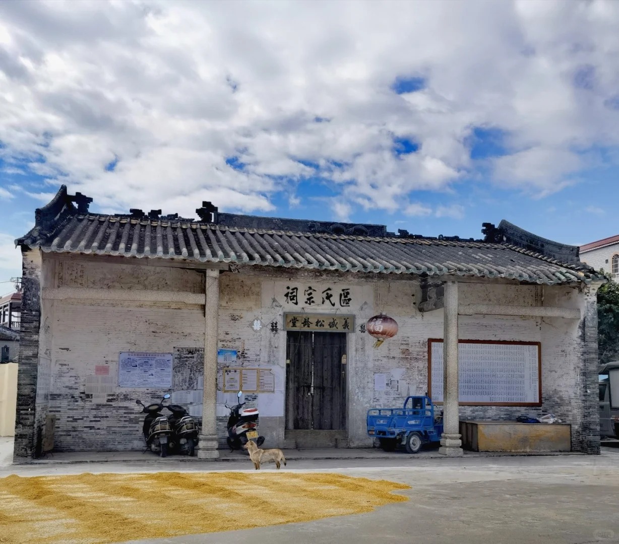 A traditional ancestral hall in Taishan Duhu, Guangdong, China, with an aged tiled roof, wooden doors, and a sun-drying courtyard showcasing local heritage.