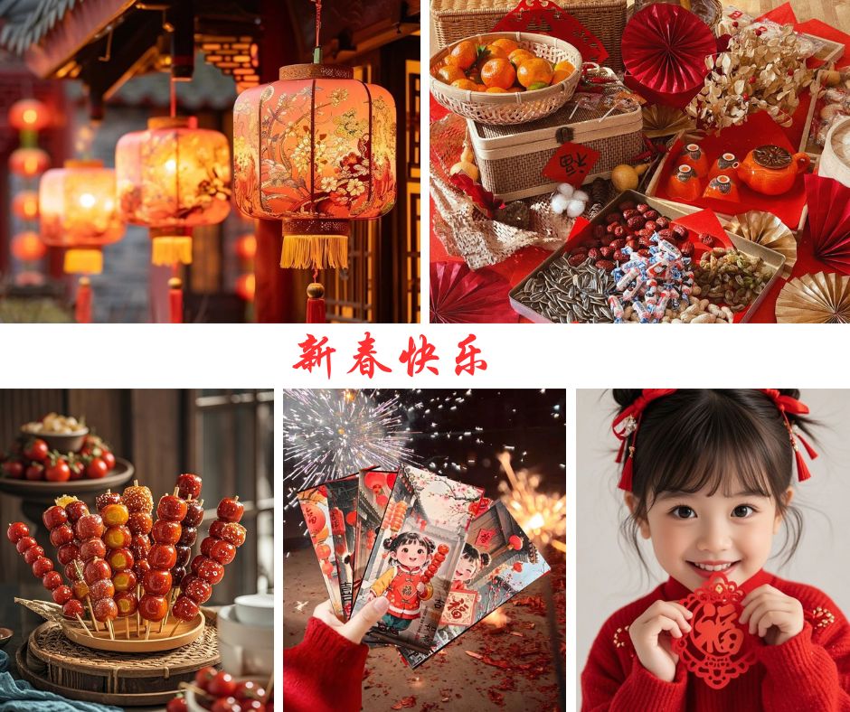 A collage of Lunar New Year traditions including lanterns, festive snacks, tanghulu, red envelopes, fireworks, and a child holding a red paper cutout with the Chinese character 福 (blessing).