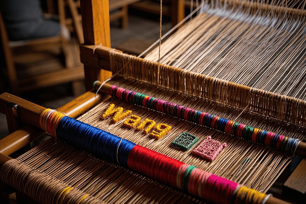 A close-up of a traditional loom with the Chinese surname "Wang" woven alongside colorful patterns and symbols.