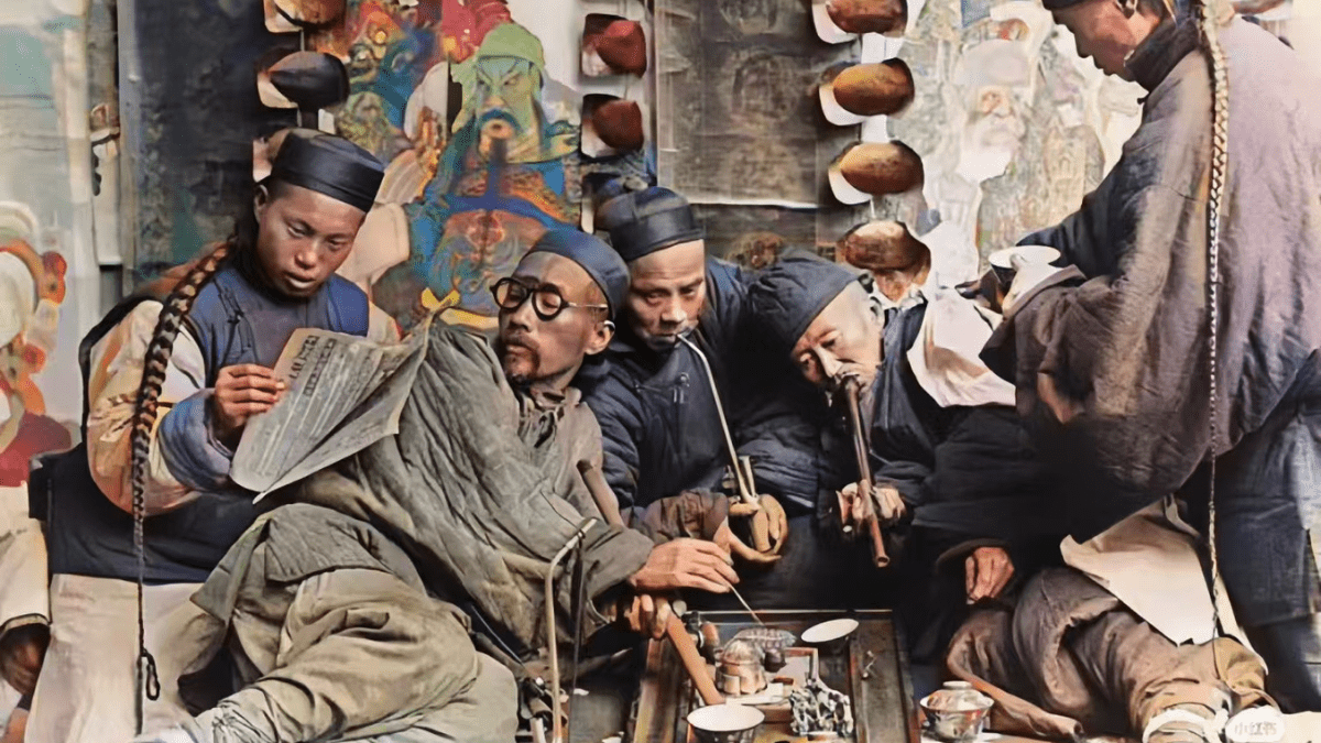 Men smoking opium during the turbulent post-Opium War period in China, reflecting the widespread social instability.