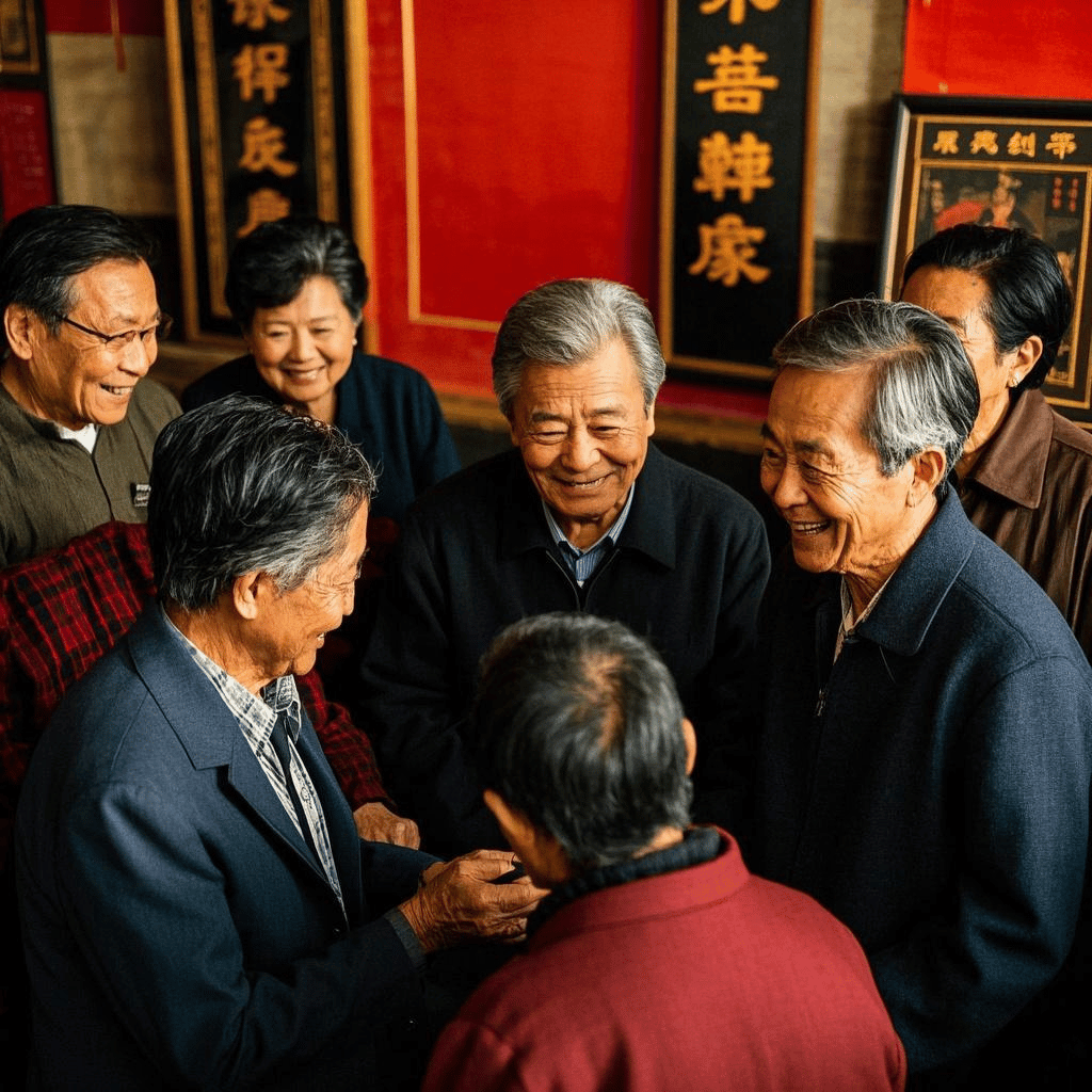 A group of elderly people smiling and conversing in front of traditional Chinese ancestral decorations, emphasizing the importance of Chinese surnames in community gatherings.