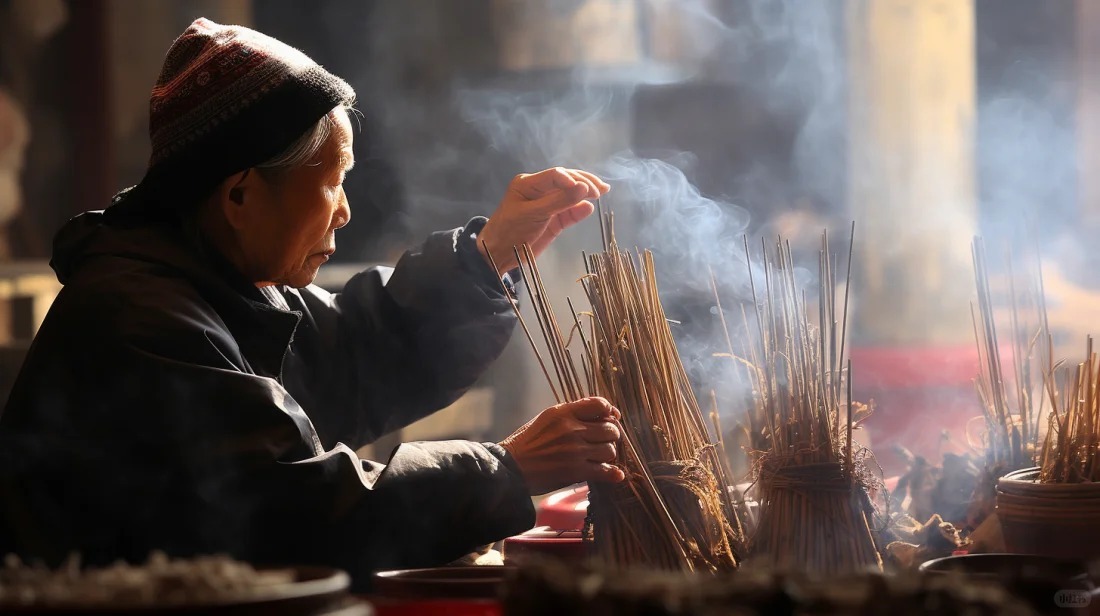 An elderly person carefully lighting incense, embodying the reverence and devotion of Qingming traditions.
