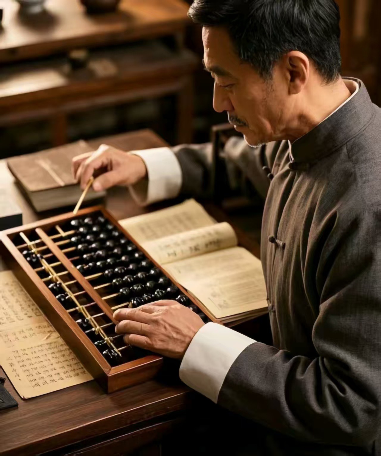 A person in traditional attire using an abacus with black beads, surrounded by scrolls and a teapot, in a wooden study, demonstrating the tool’s role in historical accounting.