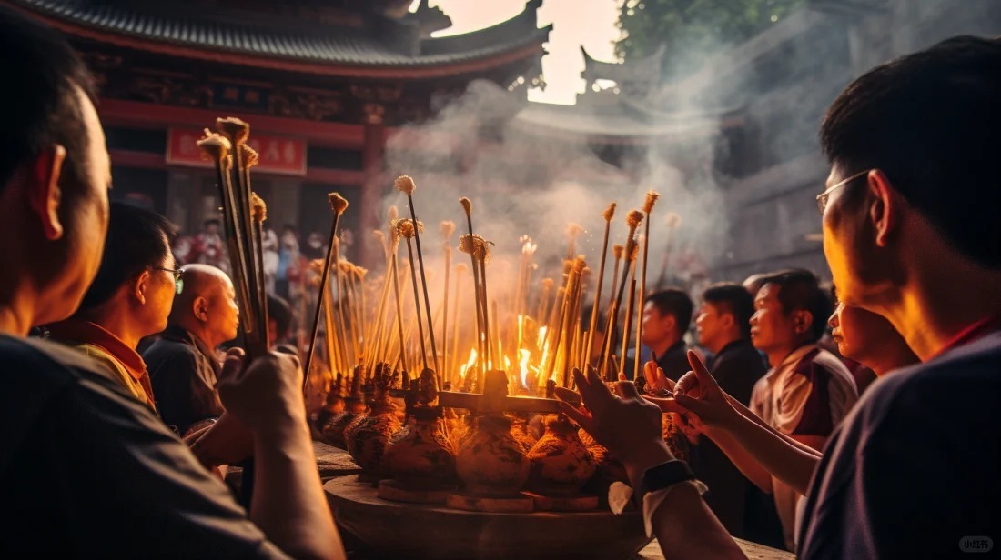 group of people lighting incense in a temple during Qingming, honoring their ancestors through traditional rituals.