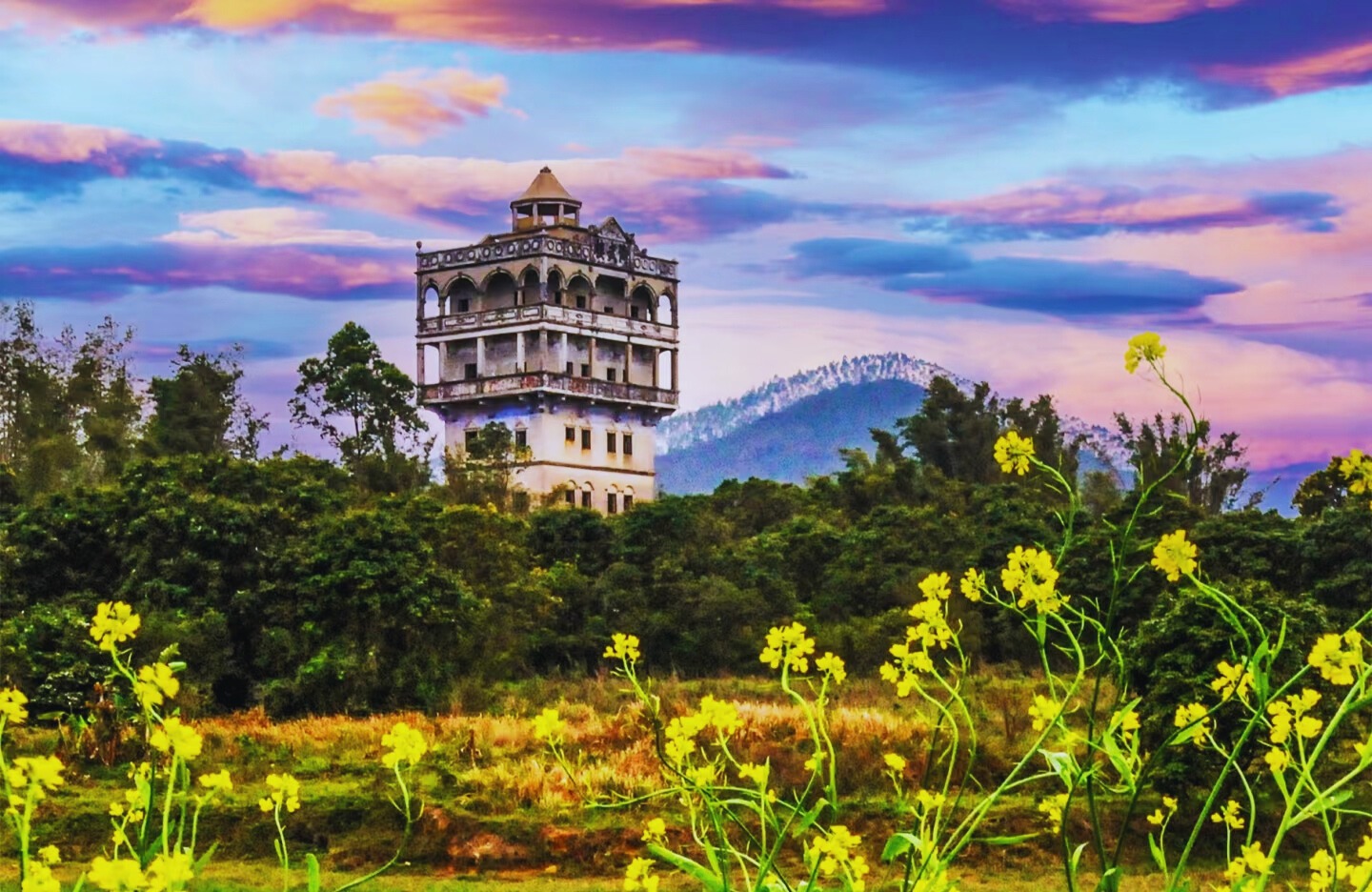 A Kaiping Diaolou in Taishan Baima Village surrounded by yellow flowers and a scenic landscape, reflecting Chinese genealogy and ancestral hall diaspora contributions.