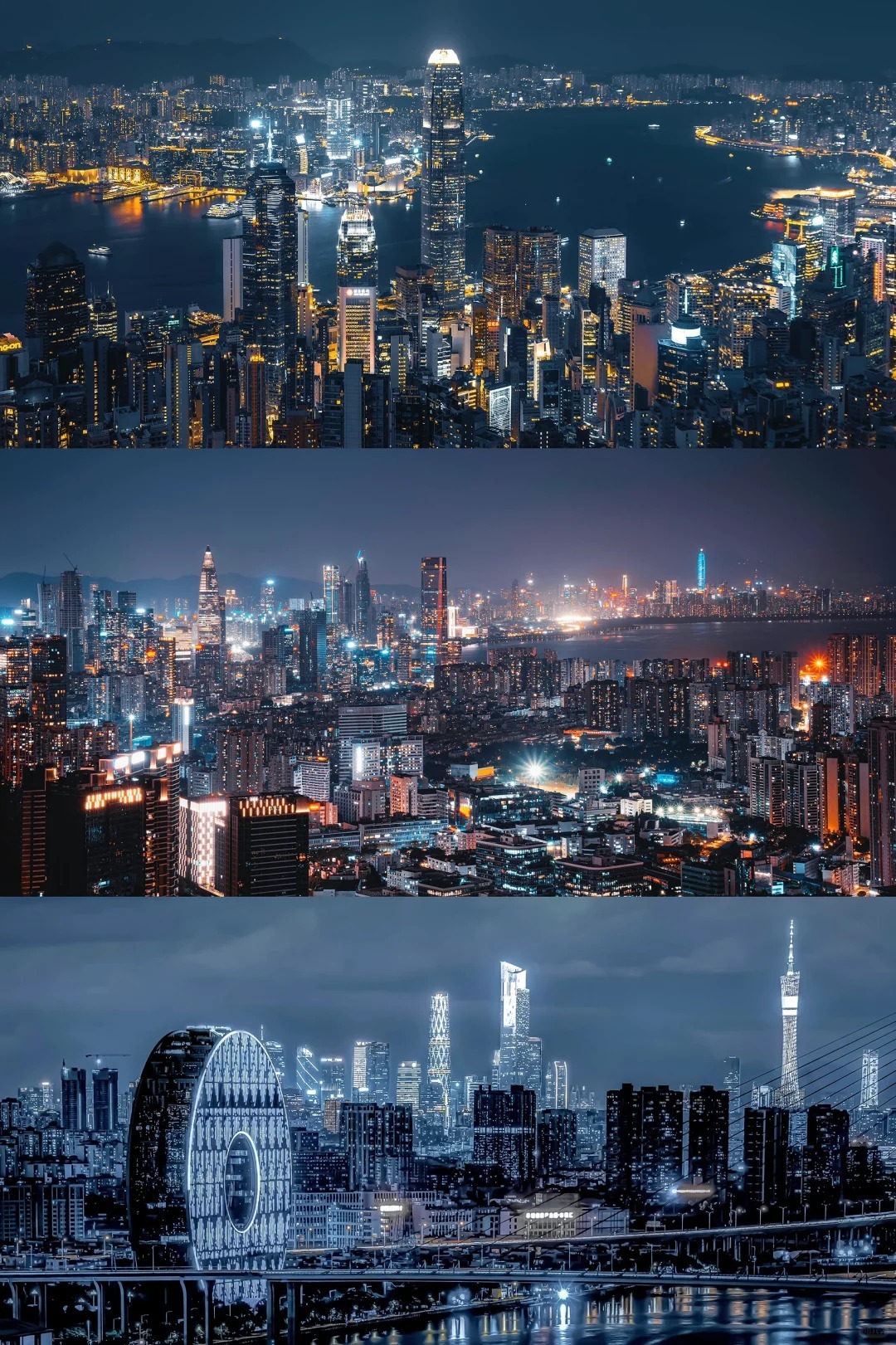 A panoramic night view of Hong Kong, Shenzhen, and Guangzhou, showcasing the dazzling urban landscape of the Siyi Greater Bay Area.