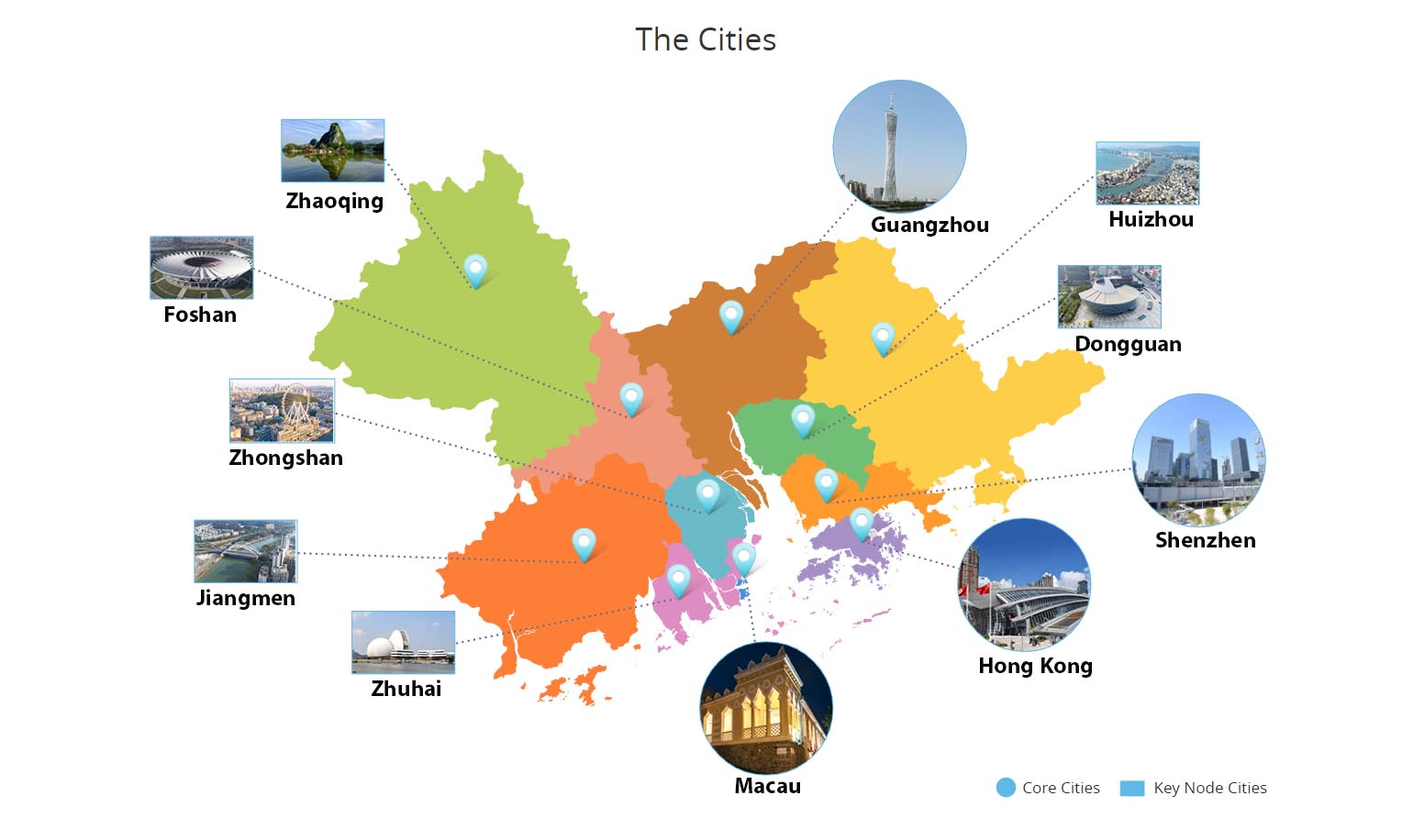 A color-coded map highlighting the cities of the Hong Kong-Guangdong-Macau Greater Bay Area, including Guangzhou, Shenzhen, Hong Kong, Macau, and surrounding key cities.