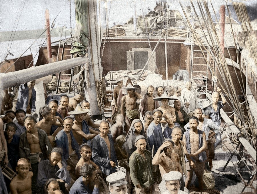 Chinese laborers aboard a coolie trade ship during the 19th century.
