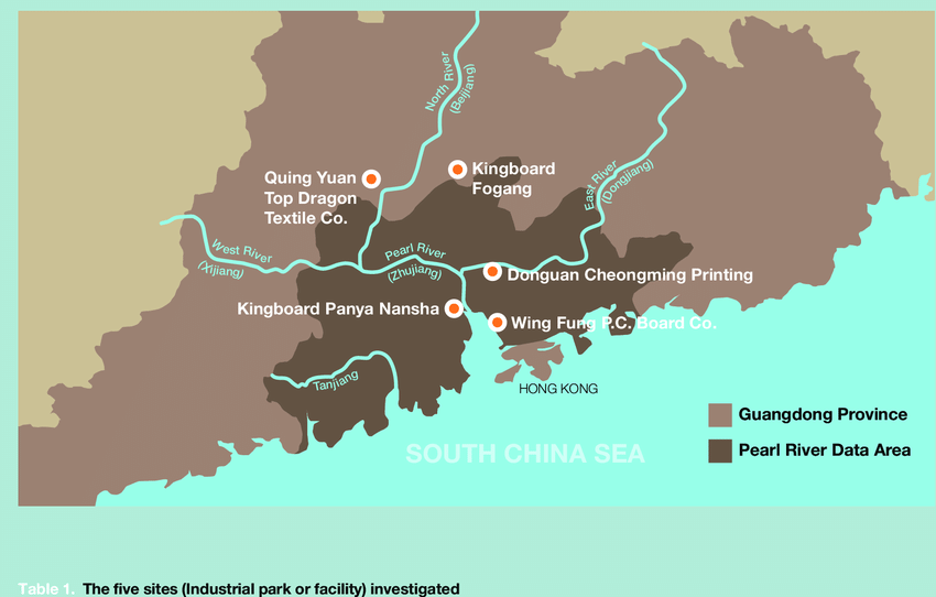 A map of the Pearl River Delta in Guangdong Province, marking five industrial sites: Qing Yuan Top Dragon Textile Co., Kingboard Fogang, Kingboard Panya Nansha, Donguan Cheongming Printing, and Wing Fung P.C. Board Co., along the Pearl River, West River (Xijiang), and Tanjiang River, with Hong Kong and the South China Sea nearby.