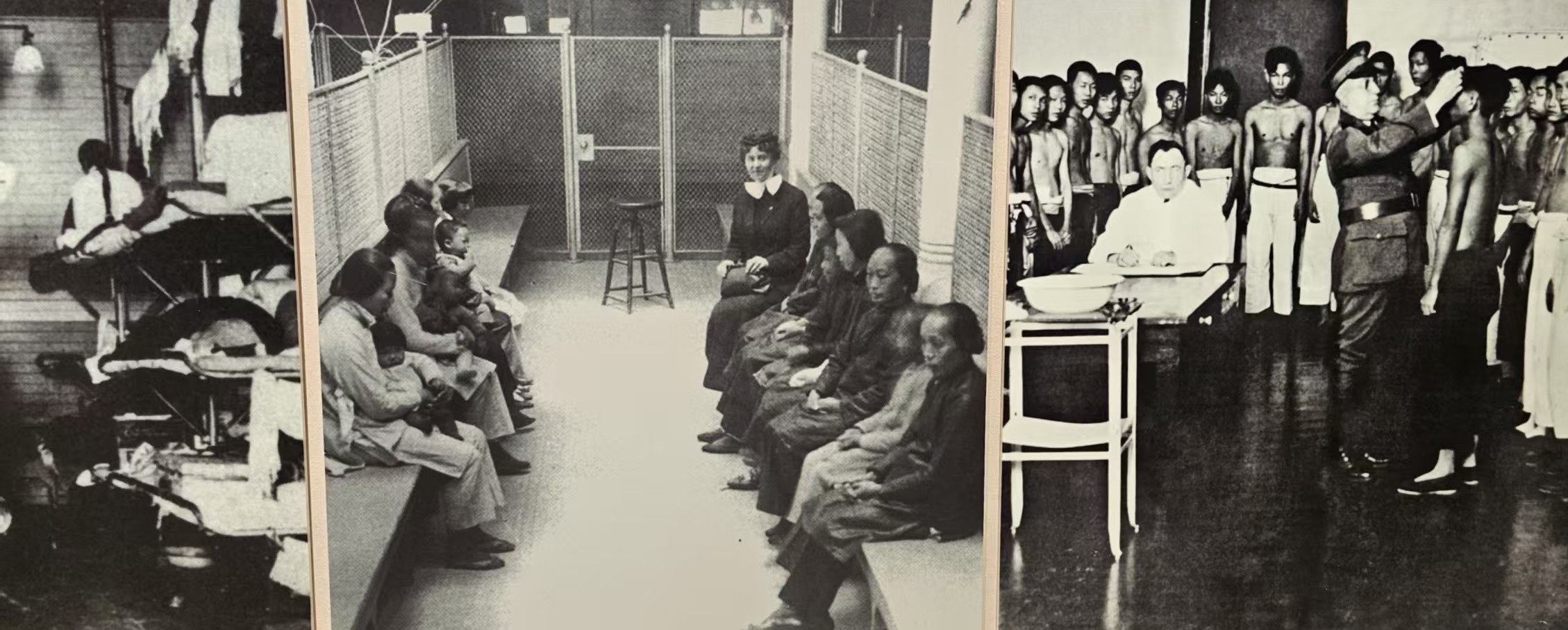 Archival images of Chinese immigrants detained and inspected at Angel Island, illustrating the effects of Chinese railroad workers exclusion policies