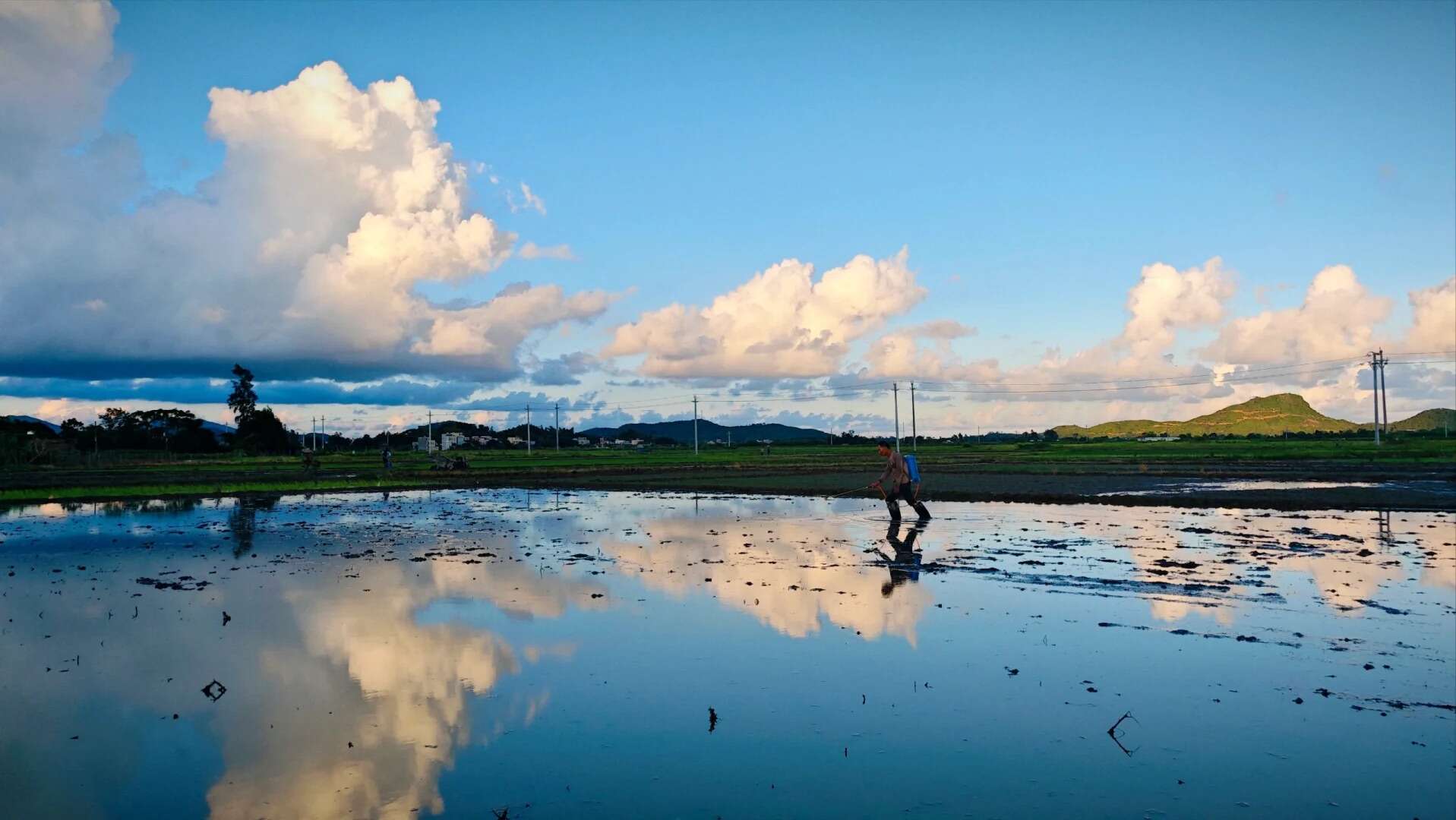 Chinese farmer walking through rice fields under a dramatic cloudscape