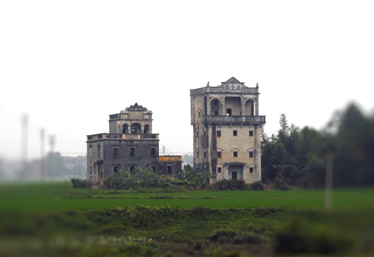 A Kaiping diaolou fortified watchtower, a UNESCO World Heritage structure blending Chinese and Western architecture, funded by overseas Chinese remittances including from the Zhu clan.