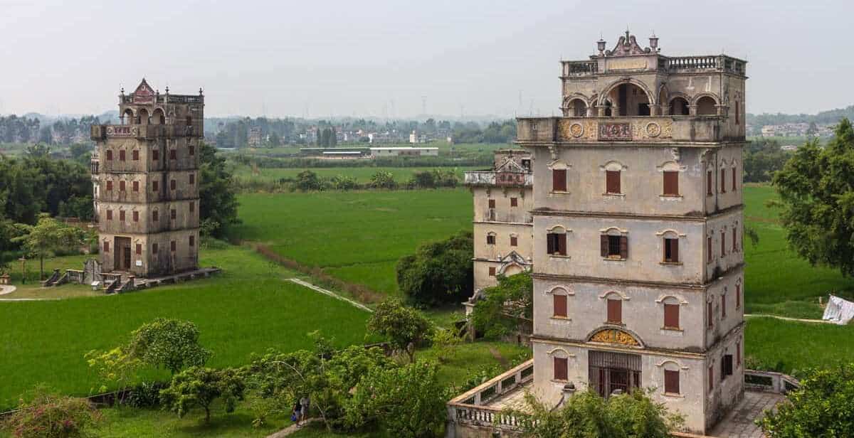 Yunhuan Lou and Qiuanjulu Mansion in Zili Diaolou Village, Tangkou Township, Kaiping, Guangdong — UNESCO World Heritage site. These fortified watchtowers blending Chinese and Western architecture are the most visible legacy of Wuyi overseas Chinese wealth. Photographed with Canon EOS 60D.