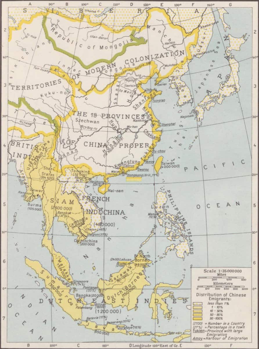 Historical map showing Chinese emigration ports and diaspora destinations across Southeast Asia and the Pacific, circa 1930.
