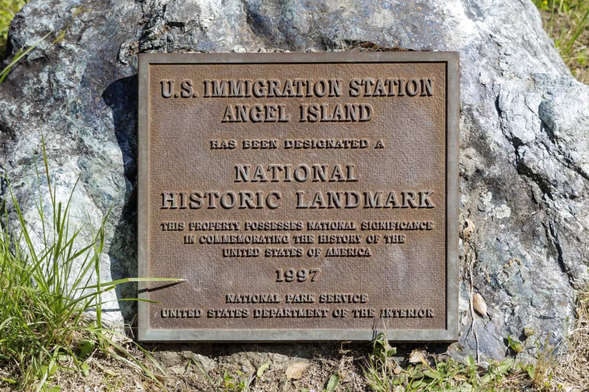 National Historic Landmark plaque at Angel Island Immigration Station in San Francisco Bay, where thousands of Chinese immigrants including Zhu clan paper sons were interrogated.