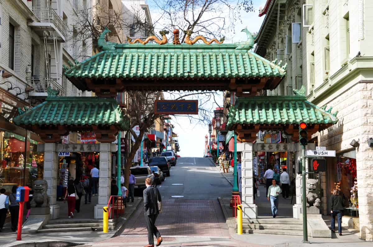 The iconic Dragon Gate archway at the entrance to San Francisco Chinatown, home to the oldest Zhu Family Association in North America.